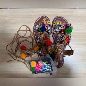 Sam Edelman Lisabeth Saddle Leather Sandals Sz 9 Lace Up Beaded Pom Pom Aztec